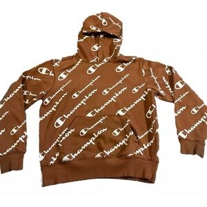 CHAMPION Burnt Orange All-Over Logo Graphic Print Fleece Hoodie Sweatshirt MED